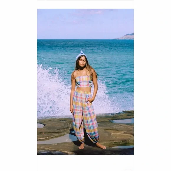 Free People Ticket To Paradise Multicolor Plaid Balloon Beach Pants - Picture 5 of 14